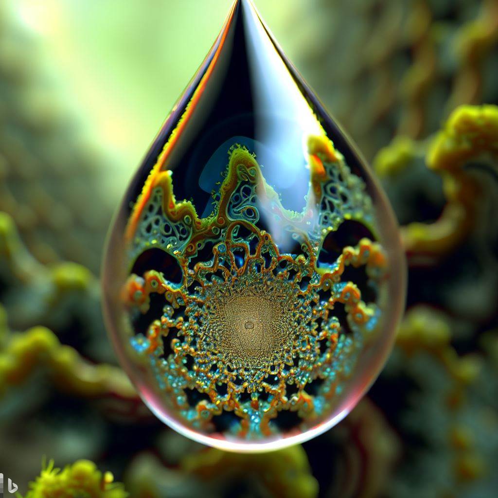 - 3D hyper-detailed raindrop centered in a fractal mossy lichen rainforest recursion fusion zoom.jpg